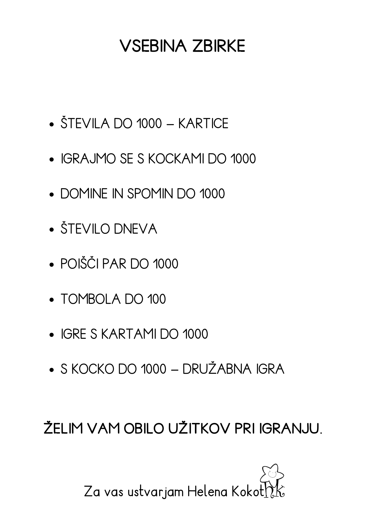 Števila do 1000 - zbirka didaktičnih pripomočkov in iger - kazalo